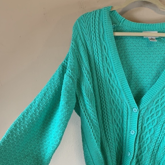 VTG Mint Green Cable Diamond Argyle Cotton Knit V Neck Grandpa Cardigan Women XL - Picture 12 of 12